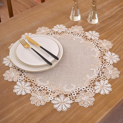 European Antique Jacquard Lace Table Doilies, Small Farmhouse Linen Embroidered - Image 3