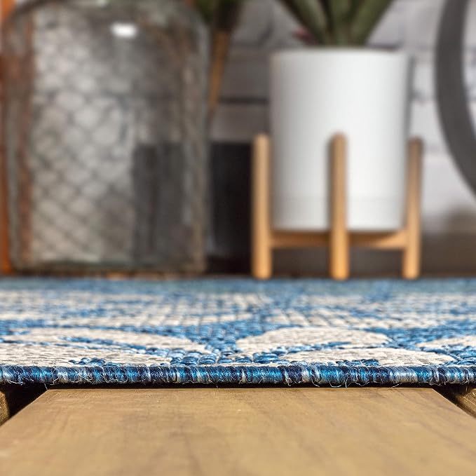 JONATHAN Y Floral Textured Weave Indoor Outdoor Area Rug 5X8 Navy/Aqua - Image 9