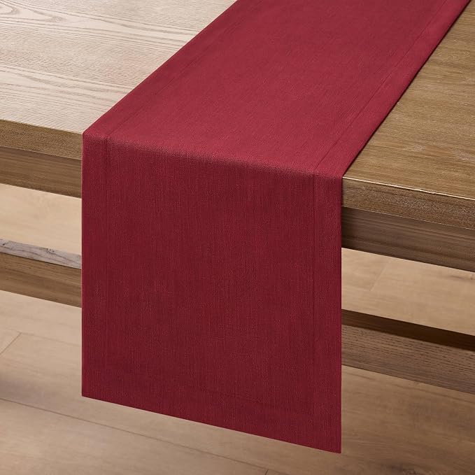Linen Textured Border Table Runner, 14 x 72 Inch Red | Mitered Corner Design - Image 7