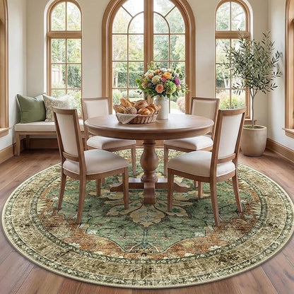 RELEANY Area Rugs Round 7ft Washable Non-Slip, Floral Vintage Distress by RELEANY