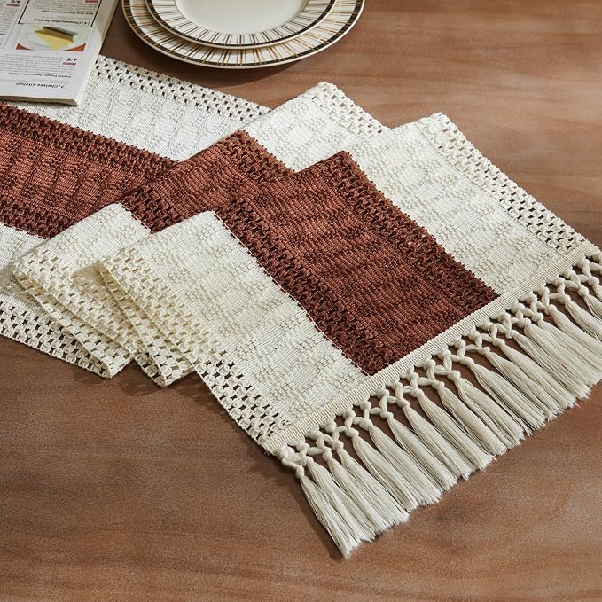 Macrame Style Bicolor Stitching Table Runner 14x60in Terracota | Woven Boho by ZEEMARTONLINE