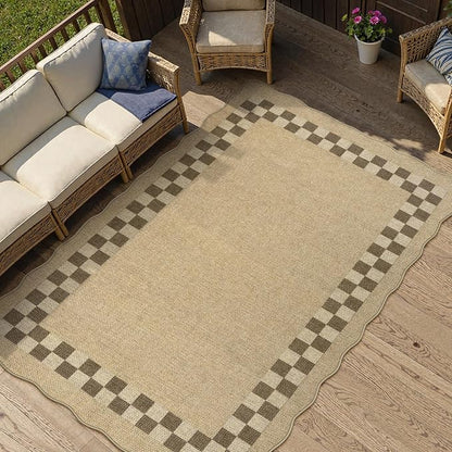 LIVEBOX Scalloped Easy Jute Checkered 3x5 Outdoor Rug, Washable Non-Slip Tan - Image 3