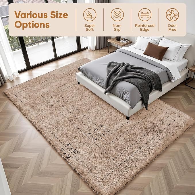 8x10 Area Rugs for Living Room Bedroom: Camel Soft Fluffy Shag Upgrade Non-Slip - Image 9