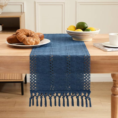 Macrame Style Boho Table Runner, 12x60 Inch Dusty Blue | Woven Boho Table Runner - Image 2