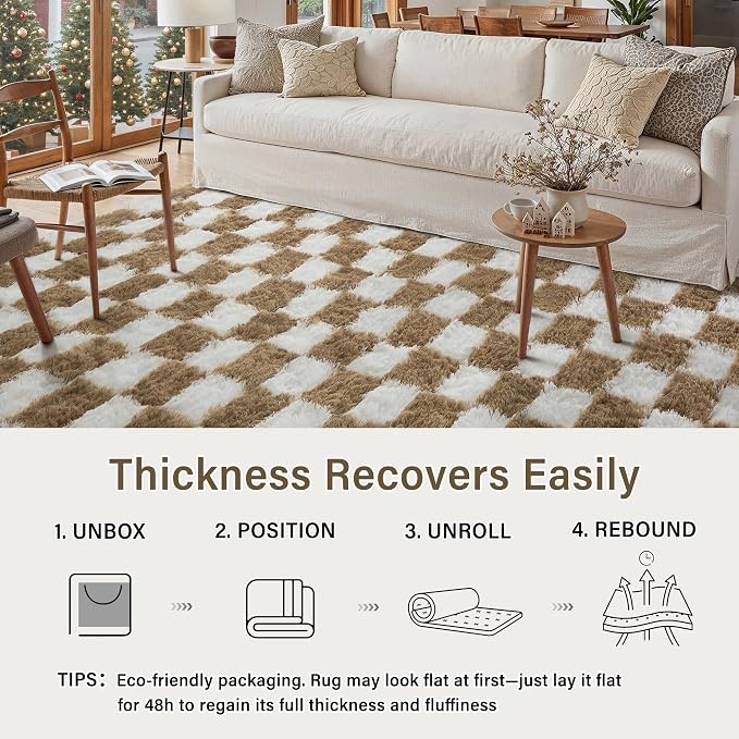PureCozy 3x5 Area Rugs for Kids Room Brown Soft Shag Checkered Rug Modern - Image 4