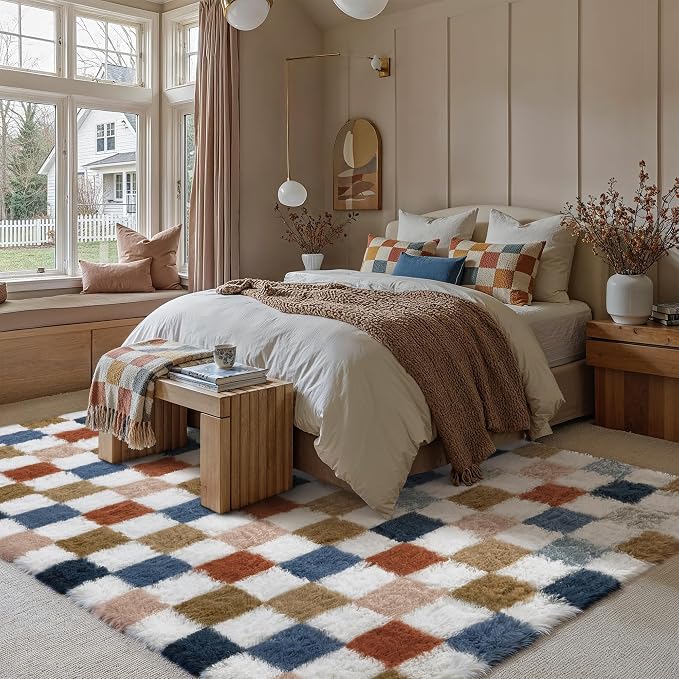 PureCozy Checkered Rug 7x10 for Living Room, Modern Rainbow Shag Rug Washable - Image 4