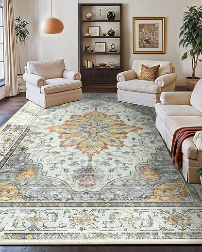 RELEANY Area Rugs Large 10'x14' Washable Non-Slip, Floral Vintage Distress - Image 4