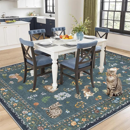 Soalmost Cat 5x7 Area Rugs for Living Room, Machine Washable Animal Floral - Image 3