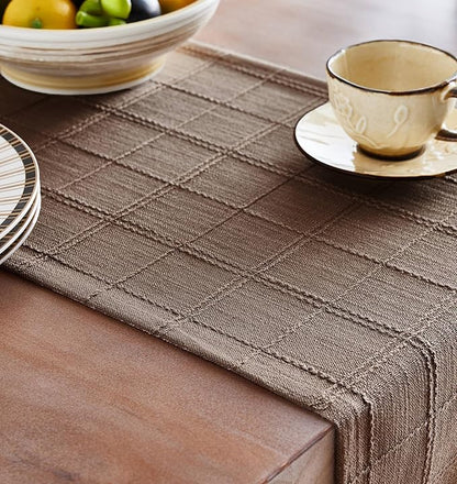 Linen Checked Farmhouse Table Runner, 13x36 Inches Cocoa Brown | Raised Grid - Image 5
