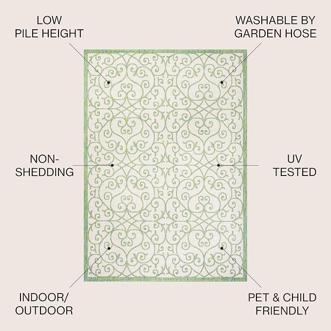 JONATHAN Y Vintage Filigree Indoor Outdoor Area Rug 8X10 Cream/Green, Madrid - Image 3
