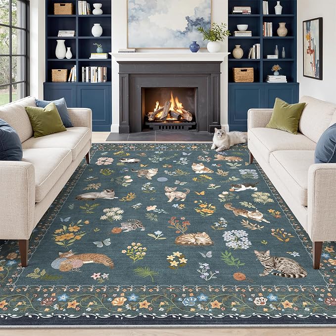 Soalmost Cat 9x12 Area Rugs for Living Room, Machine Washable Animal Floral by Soalmost