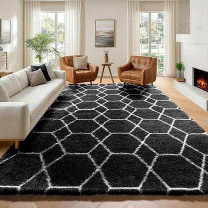 ONASAR 7x9 Area Rugs for Living Room Bedroom, Large Fluffy Black and White by ONASAR