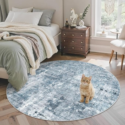 Soalmost 5x5 Blue/Grey Round Rug 5ft Living Room Circle Rug Vintage Round Area by Soalmost