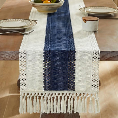 Macrame Style Bicolor Stitching Table Runner 14x36in Navy Blue | Woven Boho - Image 3