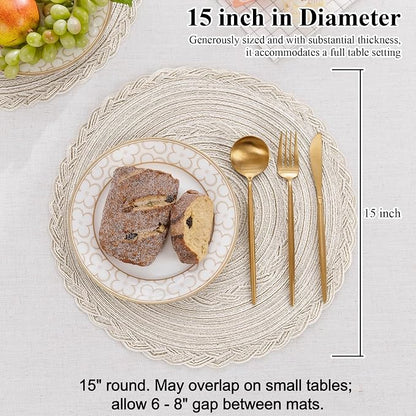 SHACOS Boho Round Placemats Set of 8 Braided Border Round Place Mats 15 inch - Image 4