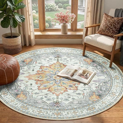 RELEANY Area Rugs Round 4ft Washable Non-Slip, Floral Vintage Distress - Image 2