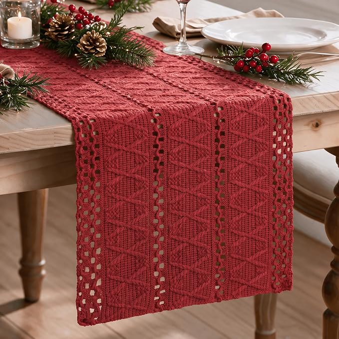 Artoid Mode Rose Red Woven Farmhouse Hollow Table Runner 12x36 Inch | Holiday - Image 2