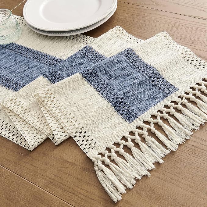 Macrame Style Bicolor Stitching Table Runner 14x36in Blue | Woven Boho Table - Image 7