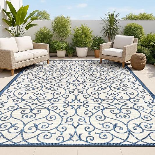 JONATHAN Y Vintage Filigree Indoor Outdoor Area Rug 4X6 Navy/Beige, Madrid by JONATHANY