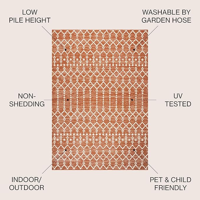 JONATHAN Y Moroccan Geometric Indoor Outdoor Round Area Rug 5 Ft Orange/Cream - Image 2