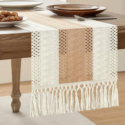 Macrame Style Bicolor Stitching Table Runner 14x36in Beige | Woven Boho Table by ZEEMARTONLINE