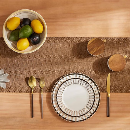 Macrame Style Boho Table Runner, 12x72 Inch Caramel | Woven Boho Table Runner - Image 4