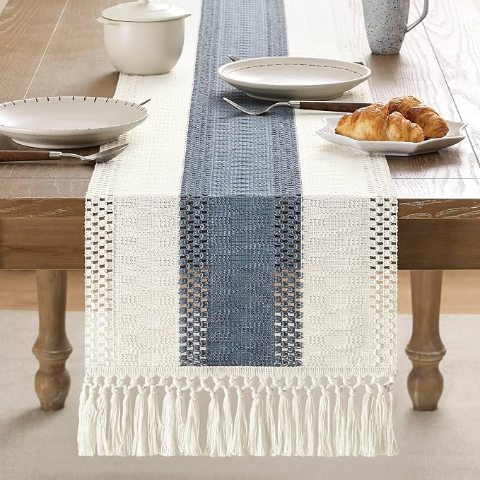 Macrame Style Bicolor Stitching Table Runner 14x90in Navy | Woven Boho Table - Image 2