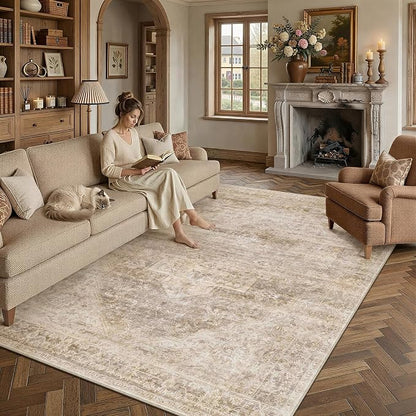 9x12 Neutral Area Rug Beige Vintage Living Room Bedroom Washable Carpet - Image 3