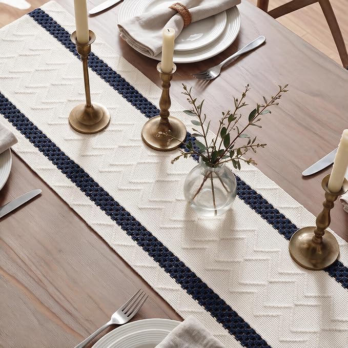 Artoid Mode Dark Blue Stripe Woven Rustic Table Runner 12x120 Inch | Holiday - Image 4