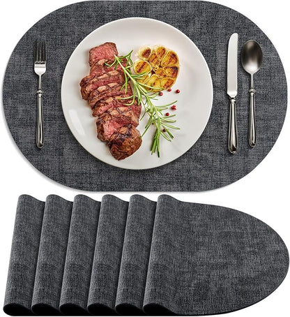 Placemats for Dining Table Set of 6 Non-Slip, Heat Resistant Oval Leather by Delicateandelegantplacemats