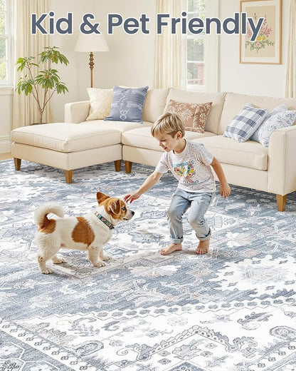 9x12 Vintage Area Rug: Washable Neutral Soft Non Slip Thin Large Floor Carpet - Image 6