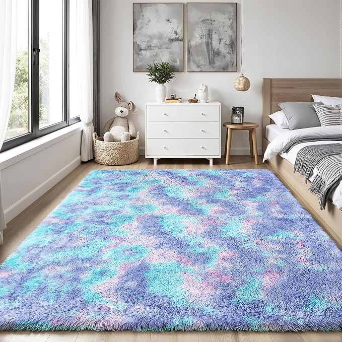 Rainbow Fluffy Rugs for Girls Bedroom: 6x9 Large Shag High Pile Area Rug - Image 2