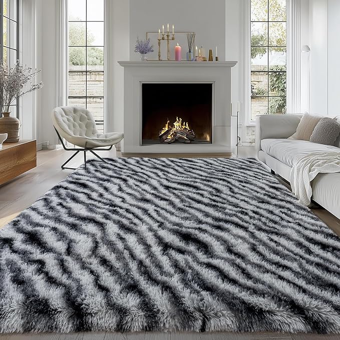 Fluffy Rugs for Living Room, 5x7 Ft Black White Zebra Shag Rugs for Bedroom by WISHTREE