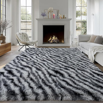 Fluffy Rugs for Living Room, 5x7 Ft Black White Zebra Shag Rugs for Bedroom by WISHTREE