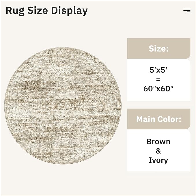 Soalmost 5x5 Brown Round Rug 5ft Living Room Circle Rug Vintage Round Area Rug - Image 5