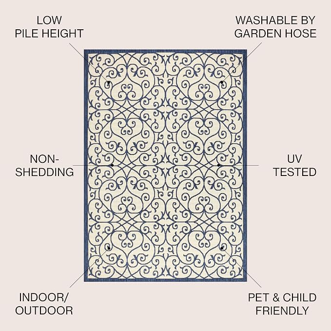 JONATHAN Y Vintage Filigree Indoor Outdoor Area Rug 5X8 Navy/Beige, Madrid - Image 2