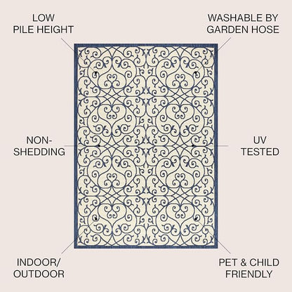 JONATHAN Y Vintage Filigree Indoor Outdoor Area Rug 5X8 Navy/Beige, Madrid - Image 2