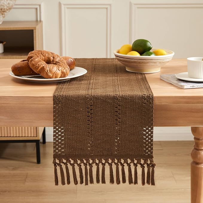 Macrame Style Boho Table Runner, 12x72 Inch Caramel | Woven Boho Table Runner - Image 2