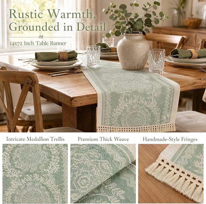 14x63 Medallion Table Runner Waterproof Rustic Farmhouse Macrame | Tired of a - Image 3