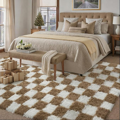 PureCozy 5x7 Area Rugs for Living Room Brown Soft Shag Checkered Large Rug - Image 5