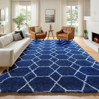 ONASAR Large 6x9 Area Rugs for Living Room, Fluffy Geometric Navy and White Rug by ONASAR