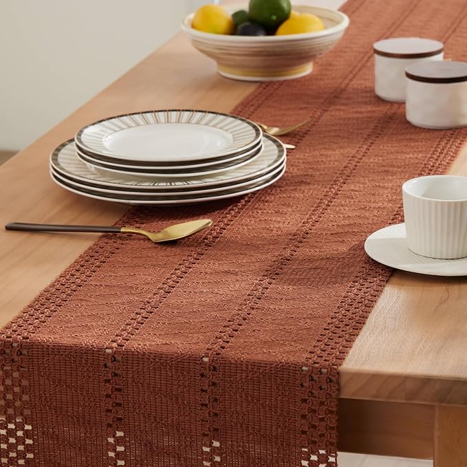Macrame Style Boho Table Runner, 12x90 Inch Terracotta | Woven Boho Table Runner - Image 5