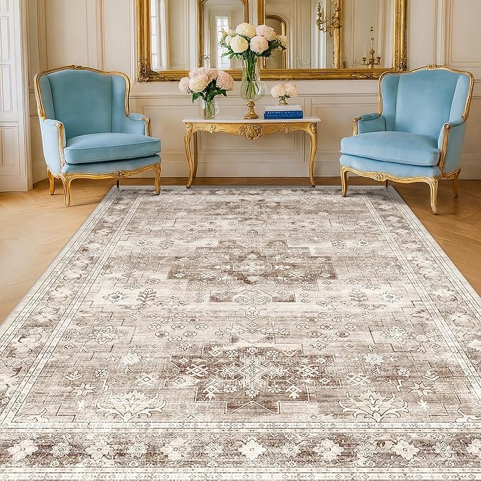 Hazo Haus Washable Neutral Farmhouse Living Room Rug, 5x7 Area Rugs by HazoHaus