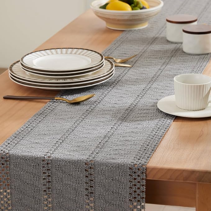 Macrame Style Boho Table Runner, 12x108 Inch Grey | Woven Boho Table Runner - Image 5