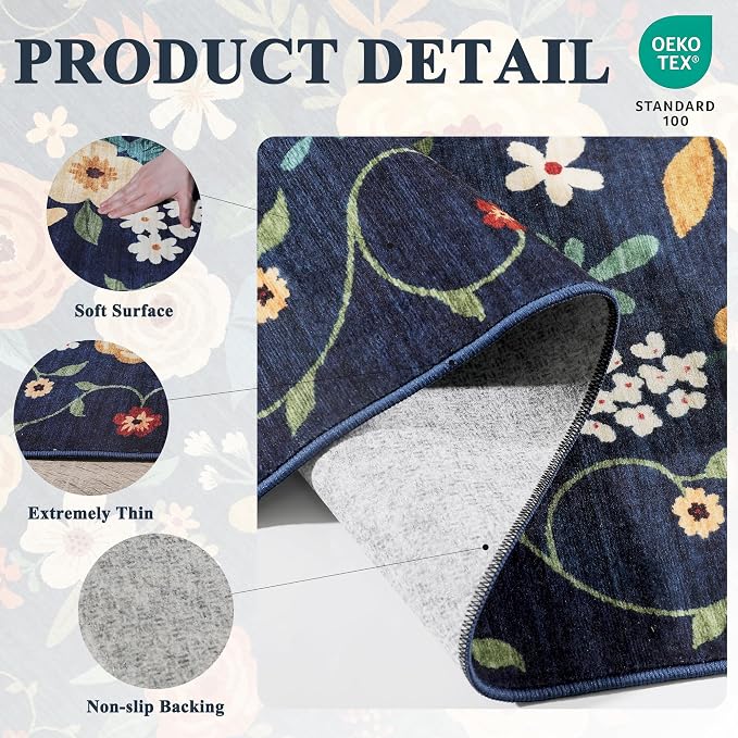 DUKINO Floral Round Rug, 4ft Washable Circle Rug, Non Slip Indoor Low Pile - Image 4