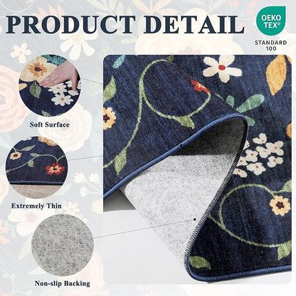 DUKINO Floral Round Rug, 4ft Washable Circle Rug, Non Slip Indoor Low Pile - Image 4