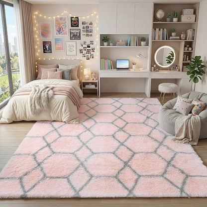 ONASAR 7x9 Area Rugs for Living Room Bedroom, Large Fluffy Pink and Grey Throw - Image 5
