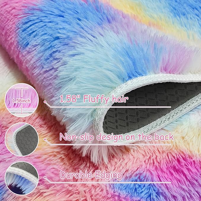 Rainbow Area Rugs 5x8 ft, Tie-Dyed Unicorn Fluffy Fuzzy Shaggy Carpet Soft - Image 6