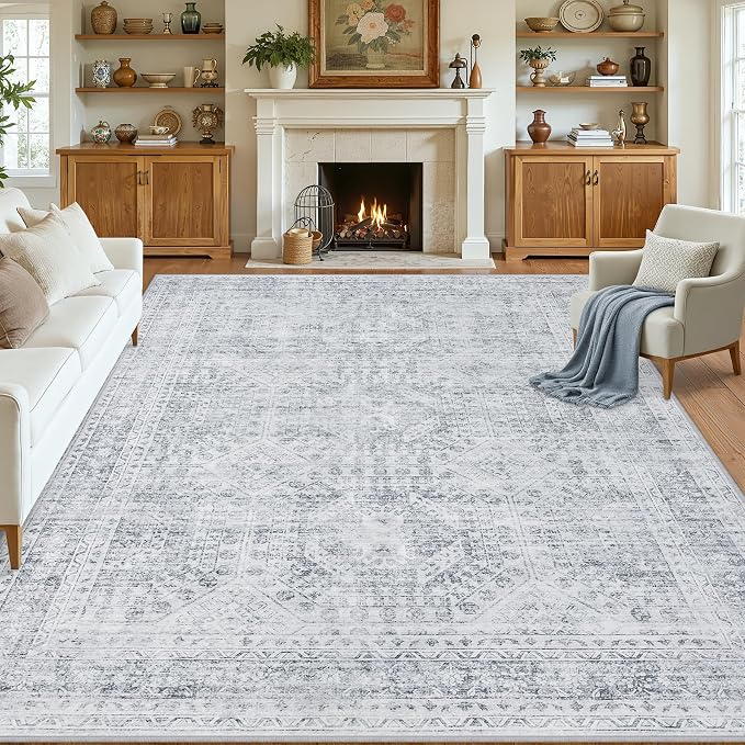 Area Rugs 9x12 Living Room: Vintage Boho Neutral Washable Rug Indoor Soft Large by Luxturiy