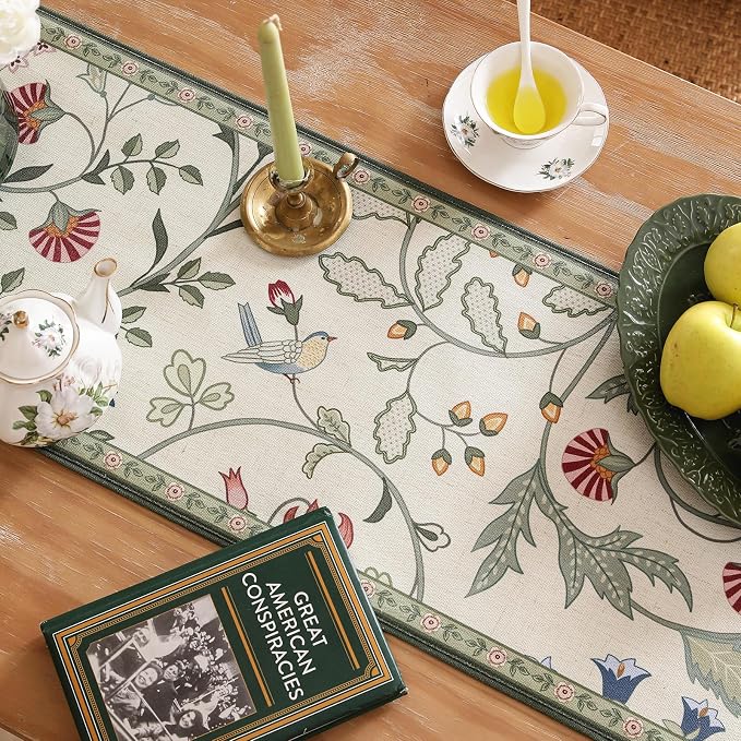 bilin gaier Designer French Linen Long Table Runner, Floral Pattern, Dining - Image 3